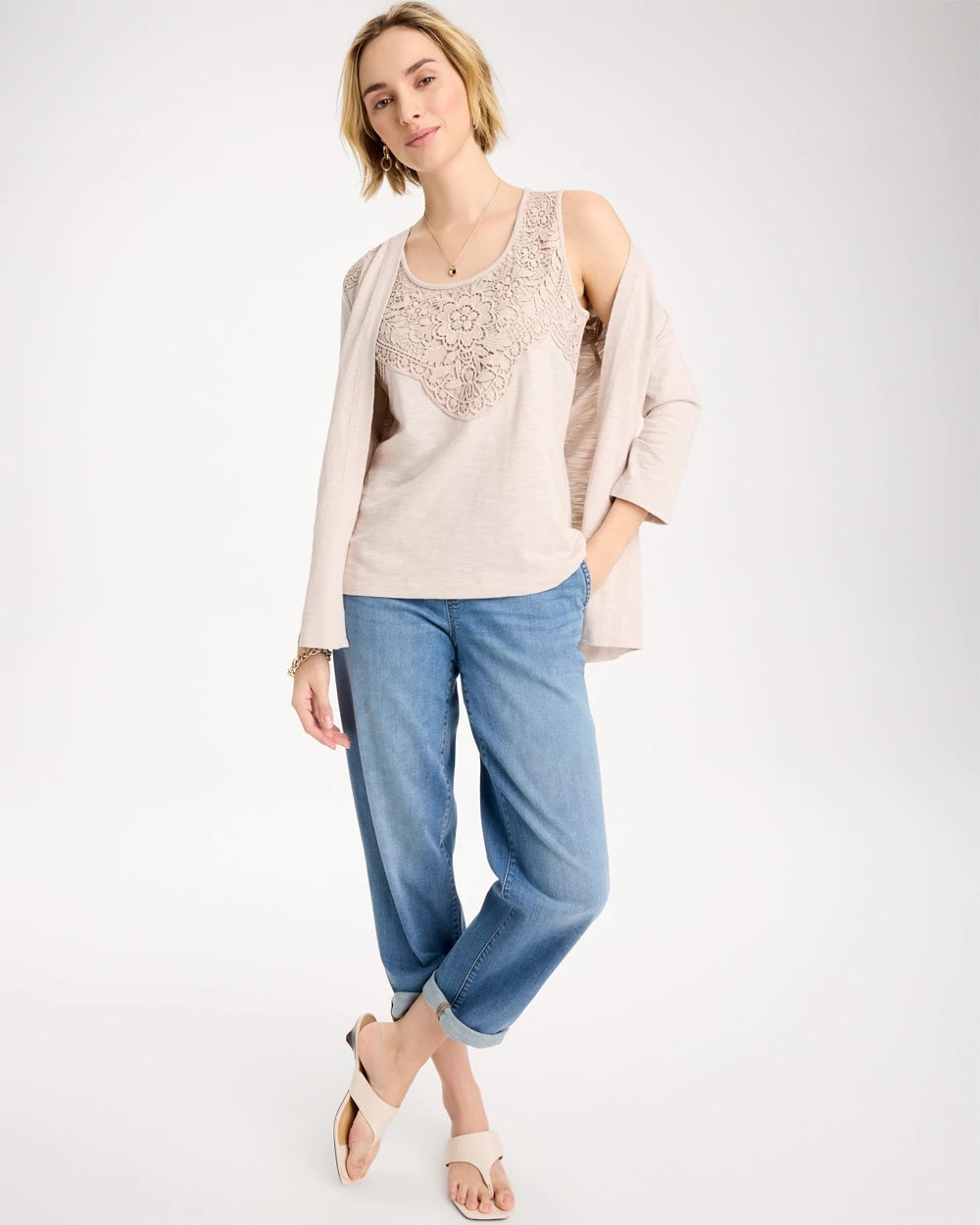 Chico's | Embroidered Cotton Slub Scoopneck Tank/ Smokey Taupe