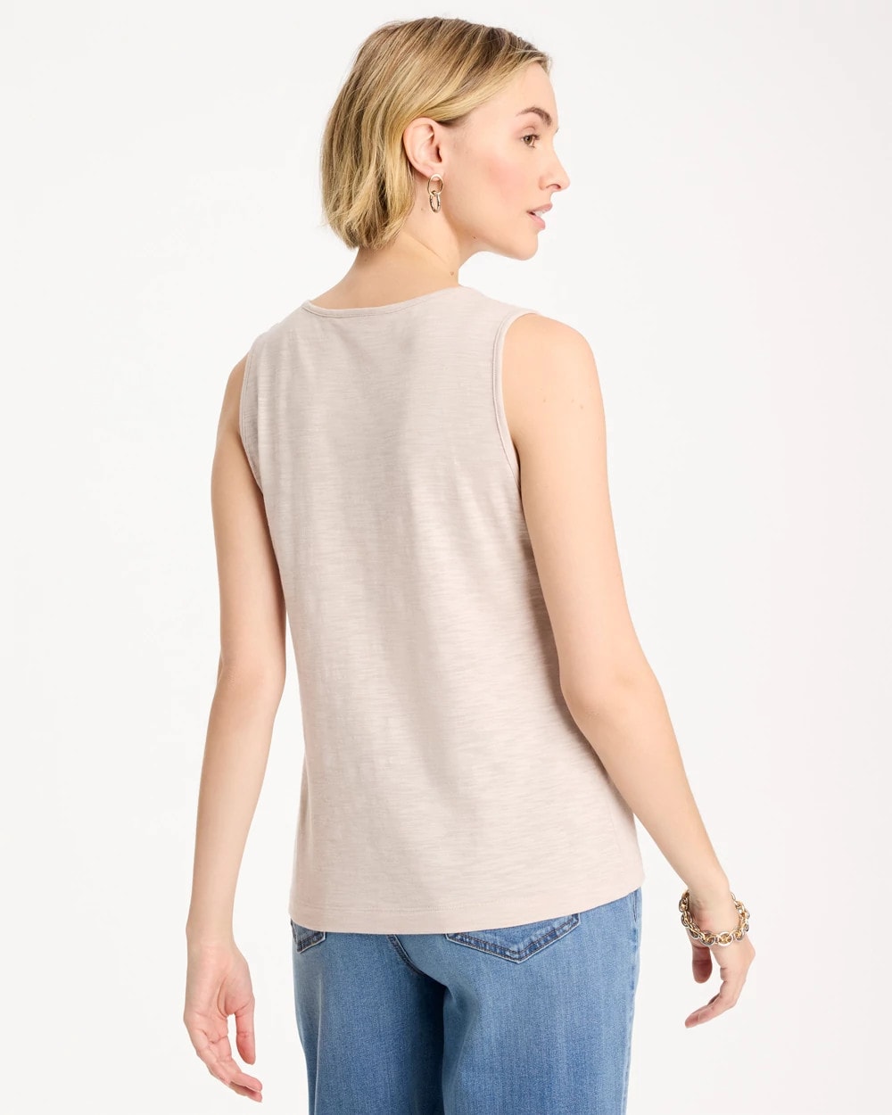 Chico's | Embroidered Cotton Slub Scoopneck Tank/ Smokey Taupe