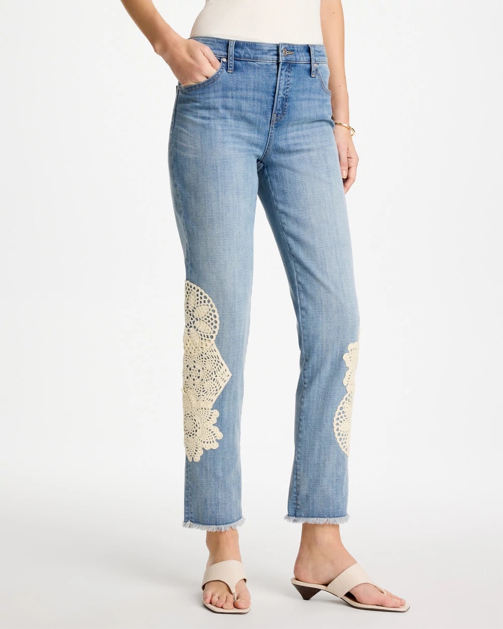 Chico's | Girlfriend Slim Crochet Fray Ankle Jeans/ Coral Reef Indigo