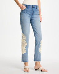 Chico's | Girlfriend Slim Crochet Fray Ankle Jeans/ Coral Reef Indigo