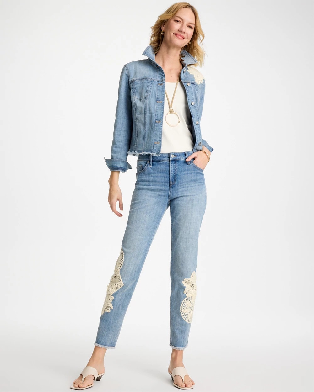 Chico's | Girlfriend Slim Crochet Fray Ankle Jeans/ Coral Reef Indigo