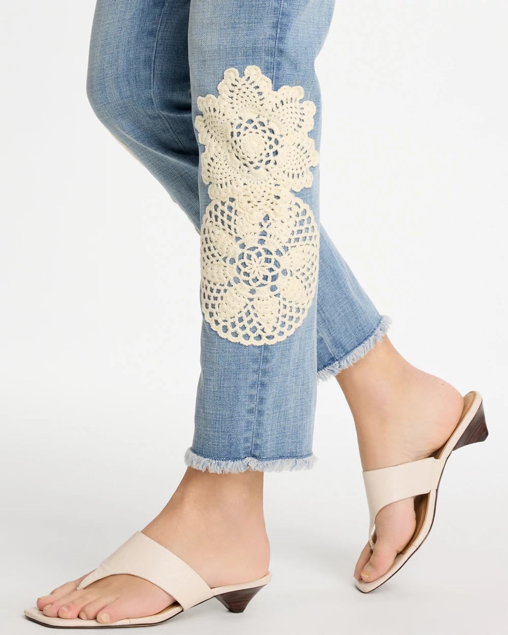 Chico's | Girlfriend Slim Crochet Fray Ankle Jeans/ Coral Reef Indigo