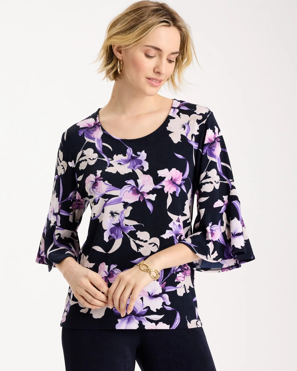 Chico's | Travelers™ Amethyst Iris Flounce-Sleeve Top/ Travelers India Ink