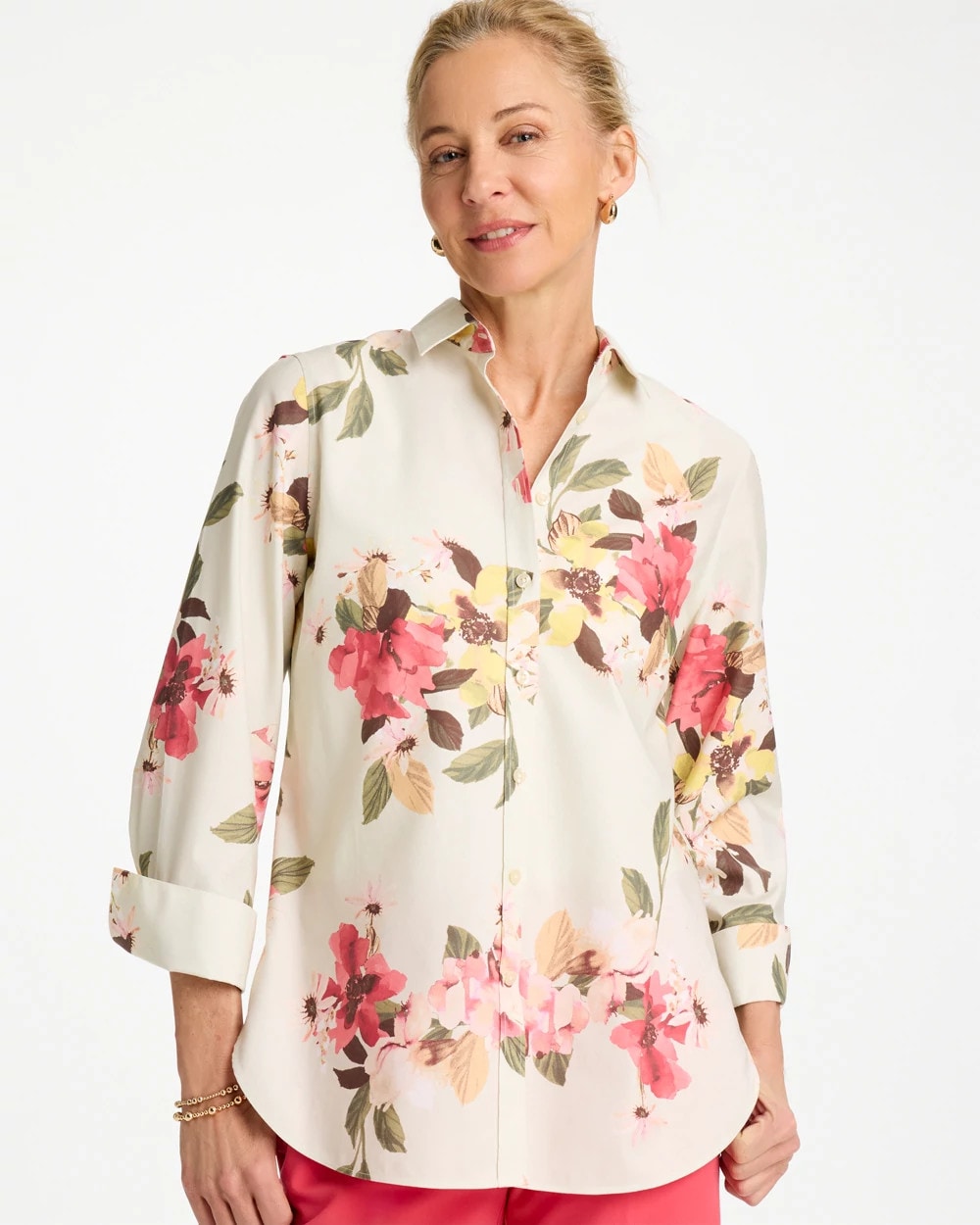 Chico's | No Iron™ Printed Stretch Shirt/ Hot Honeysuckle