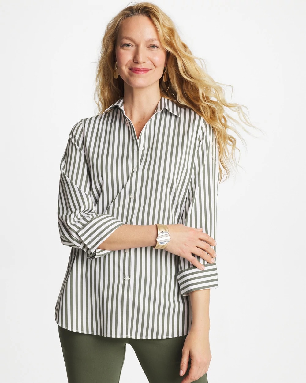 Chico's | No Iron™ Stretch Striped Shirt/ Kelp Forest