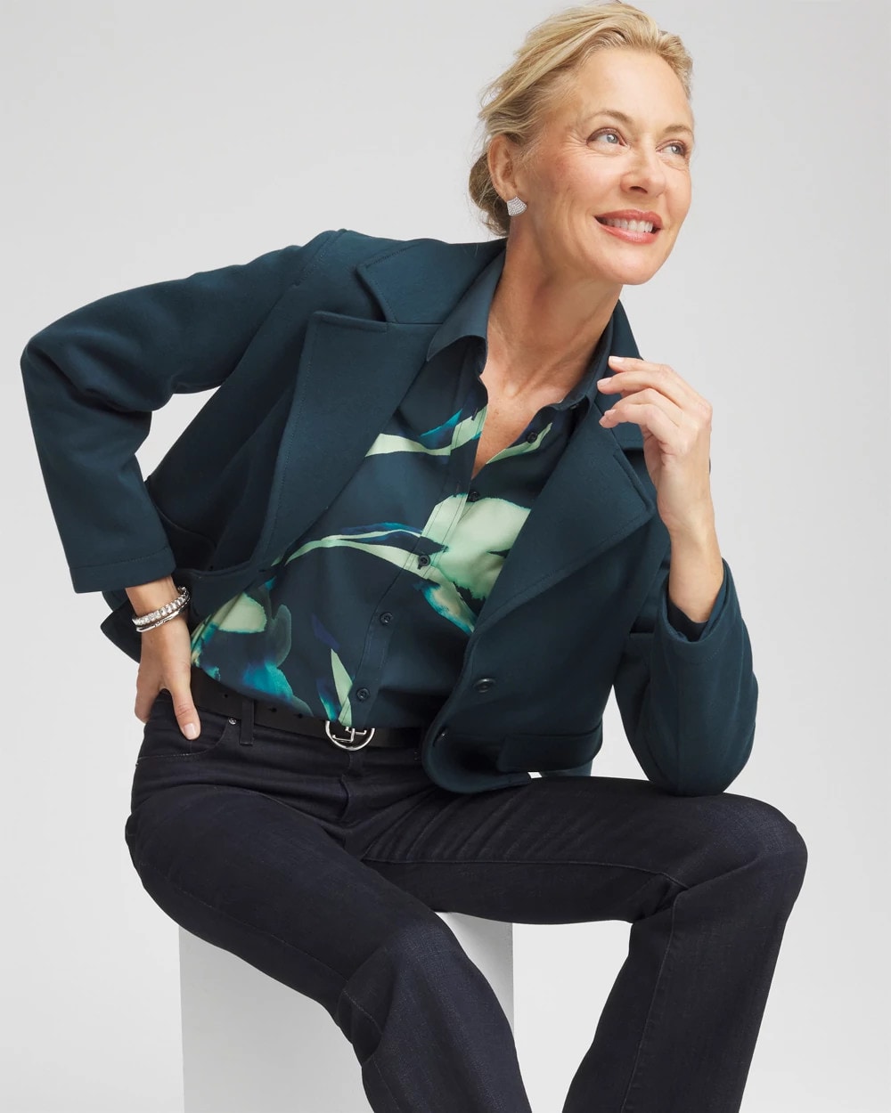 Chico's | No Iron™ Glacial Flora Sateen Shirt/ Teal Shadow