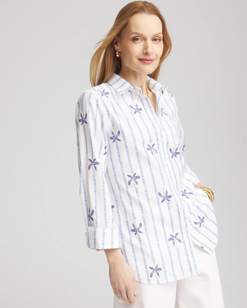 Chico's | No Iron™ Palm Striped Sateen Shirt/ Blue Casa