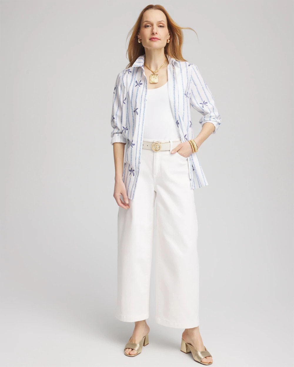 Chico's | No Iron™ Palm Striped Sateen Shirt/ Blue Casa