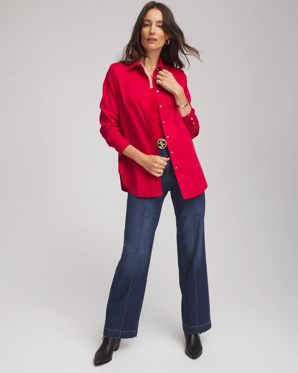 Chico's | No Iron™ Rhinestone Button Shirt/ Carmine Red