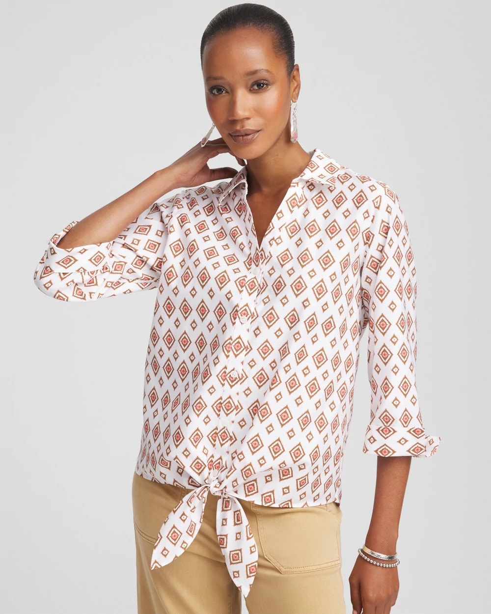 Chico's | No Iron™ Tie-Front Geo-Print Shirt/ Siesta Rose