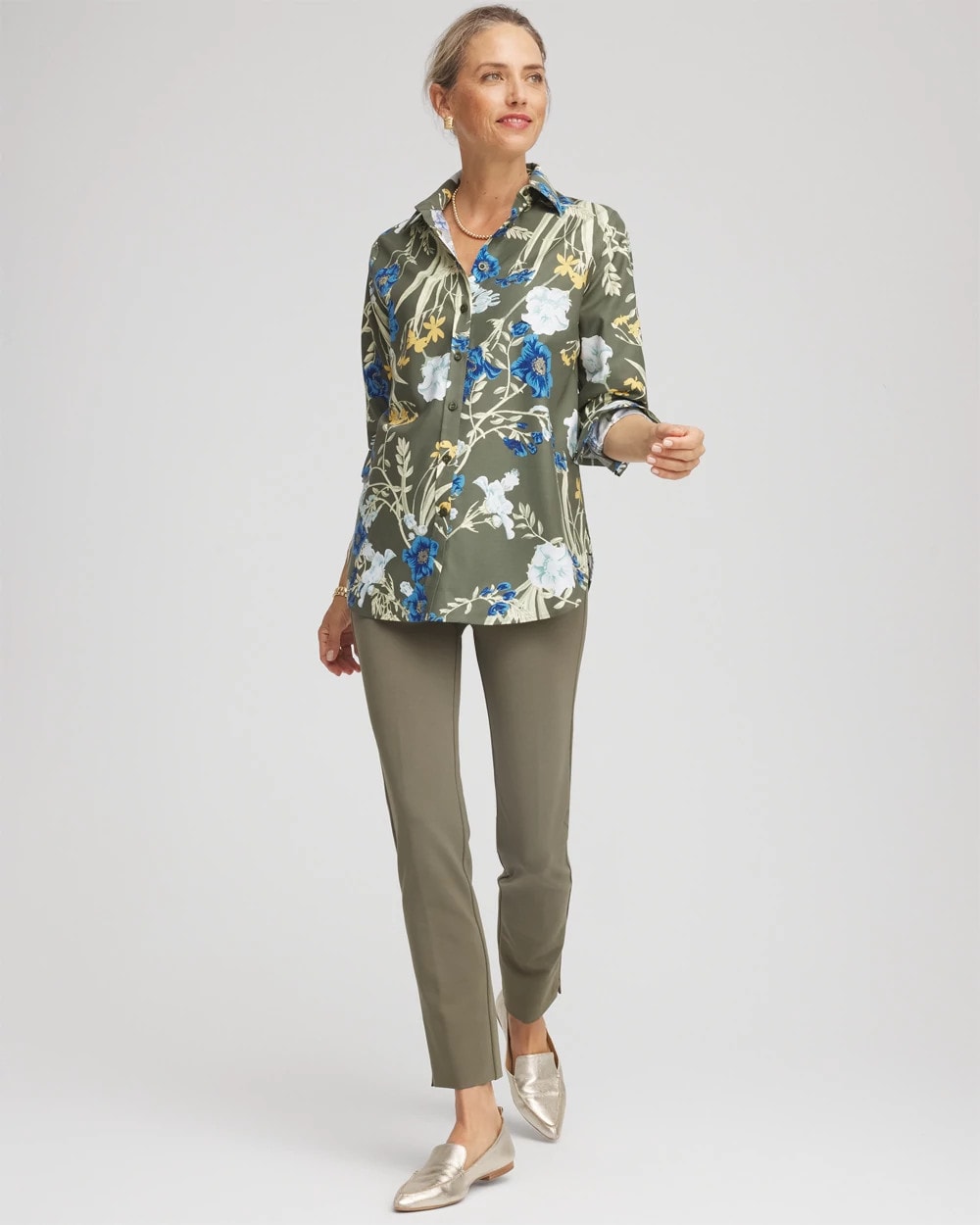 Chico's | No Iron™ Printed Sateen Shirt/ Nettle Leaf