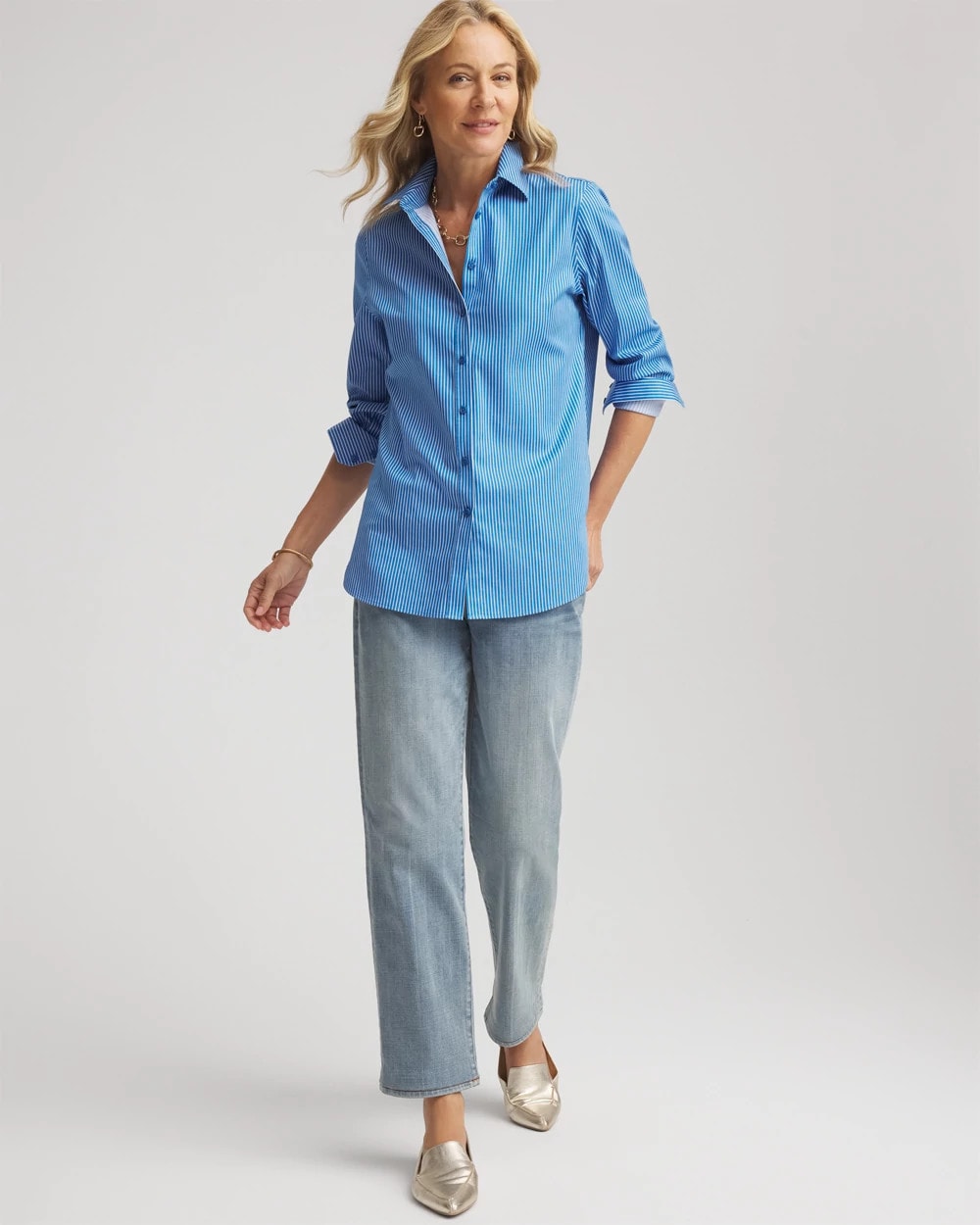 Chico's | No Iron™ Classic Striped Shirt/ Empire Blue