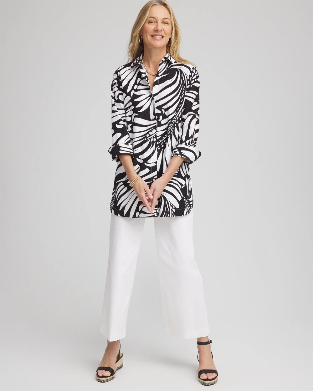 Chico's | No Iron™ Printed Palms Button Down Tunic/ Black