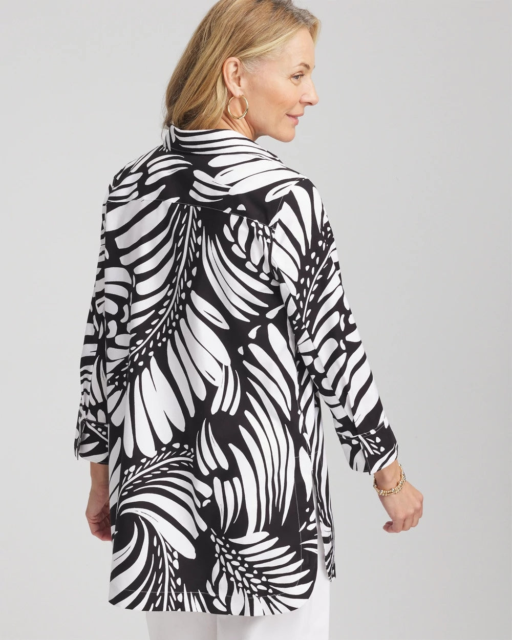 Chico's | No Iron™ Printed Palms Button Down Tunic/ Black
