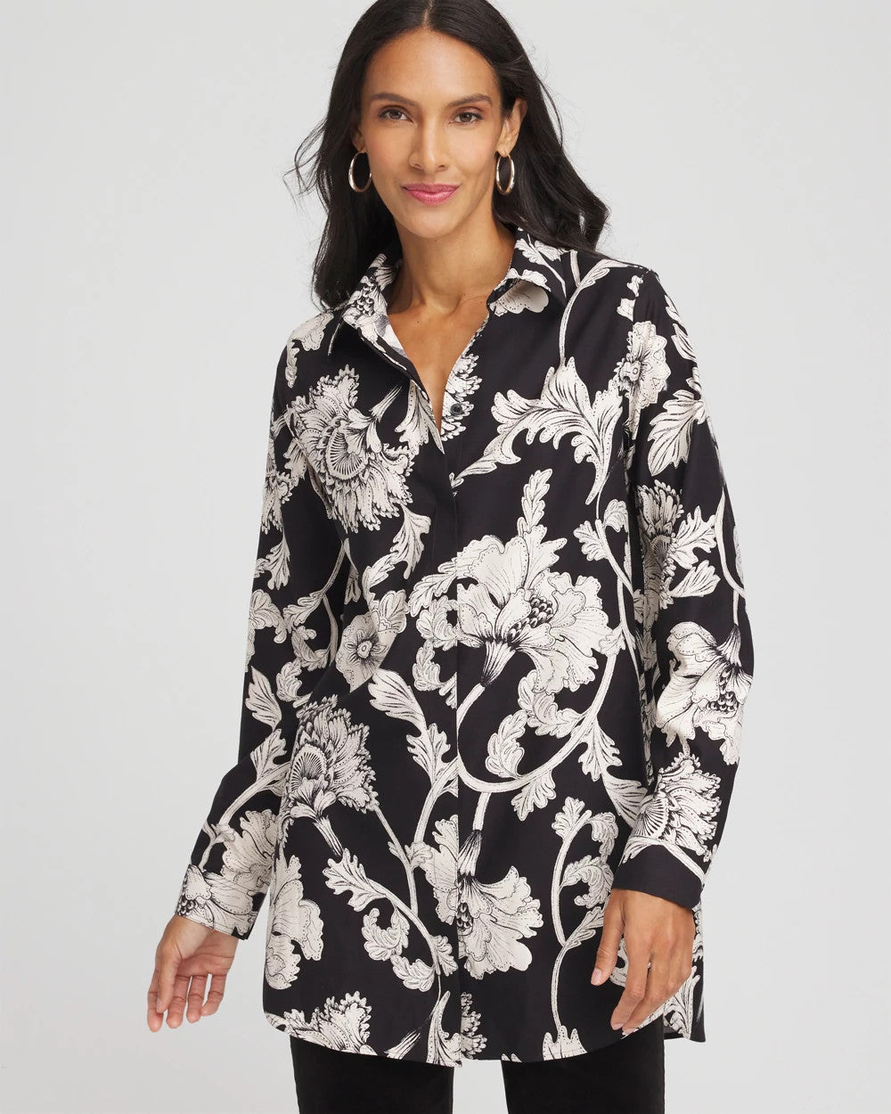 Chico's | No Iron™ Bryne Bloom Stretch Tunic/ Black