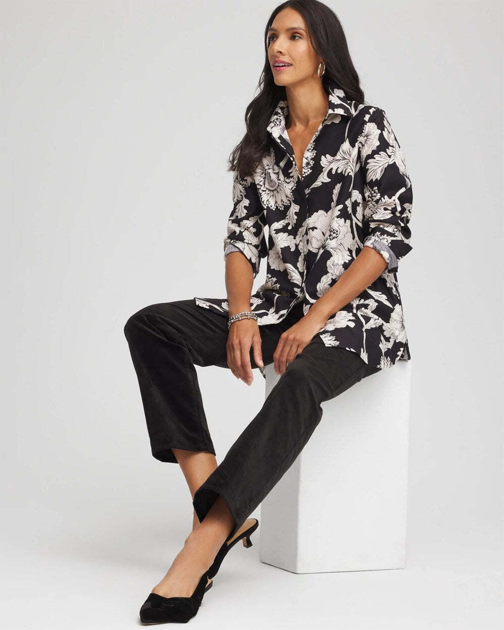 Chico's | No Iron™ Bryne Bloom Stretch Tunic/ Black