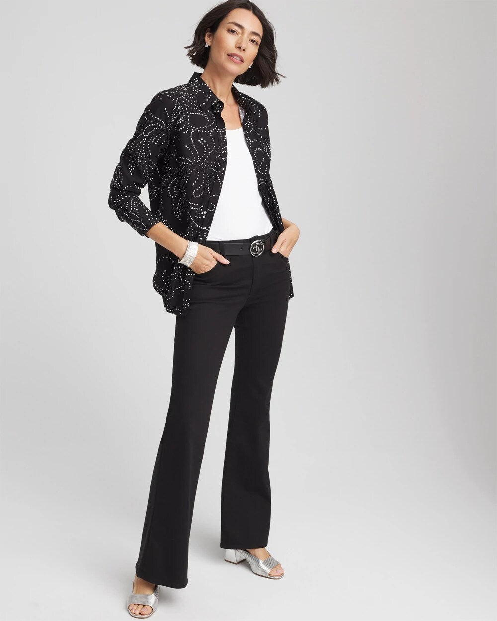 Chico's | No Iron™ Findot Print Sateen Shirt/ Black