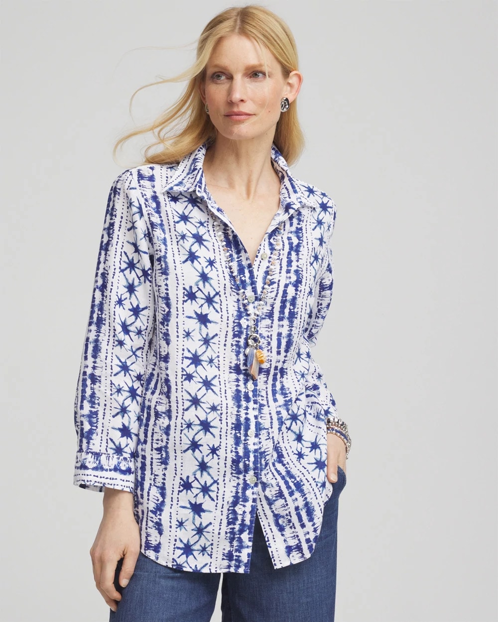Chico's | No Iron™ Star Print Linen Shirt/ Rich Cobalt