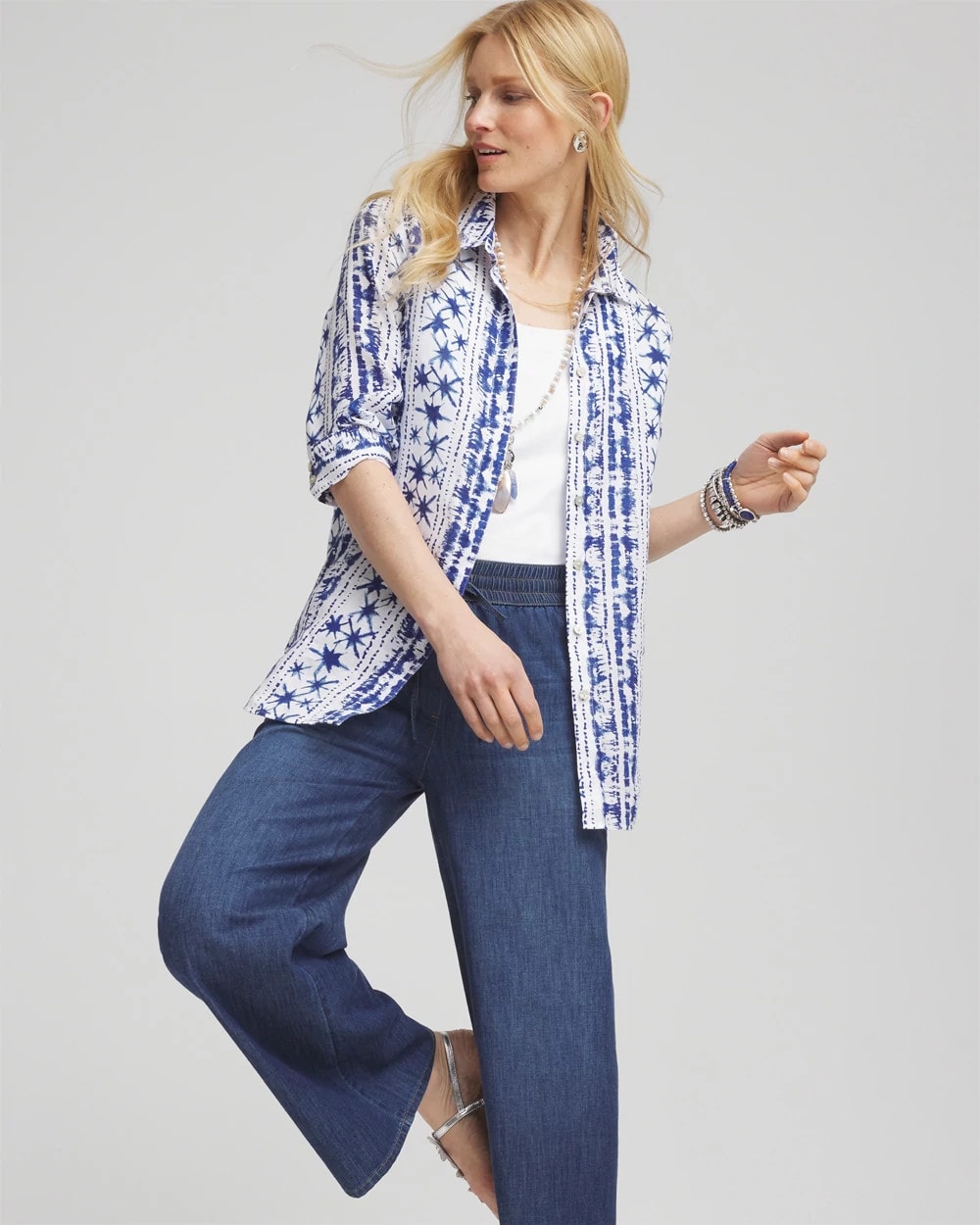 Chico's | No Iron™ Star Print Linen Shirt/ Rich Cobalt