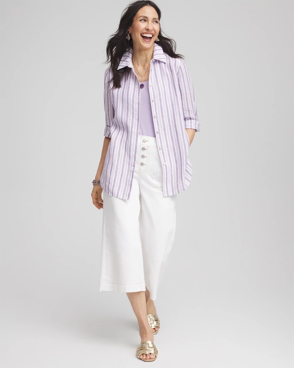 Chico's | No Iron™ Plum Striped Linen Shirt/ Plum Shade