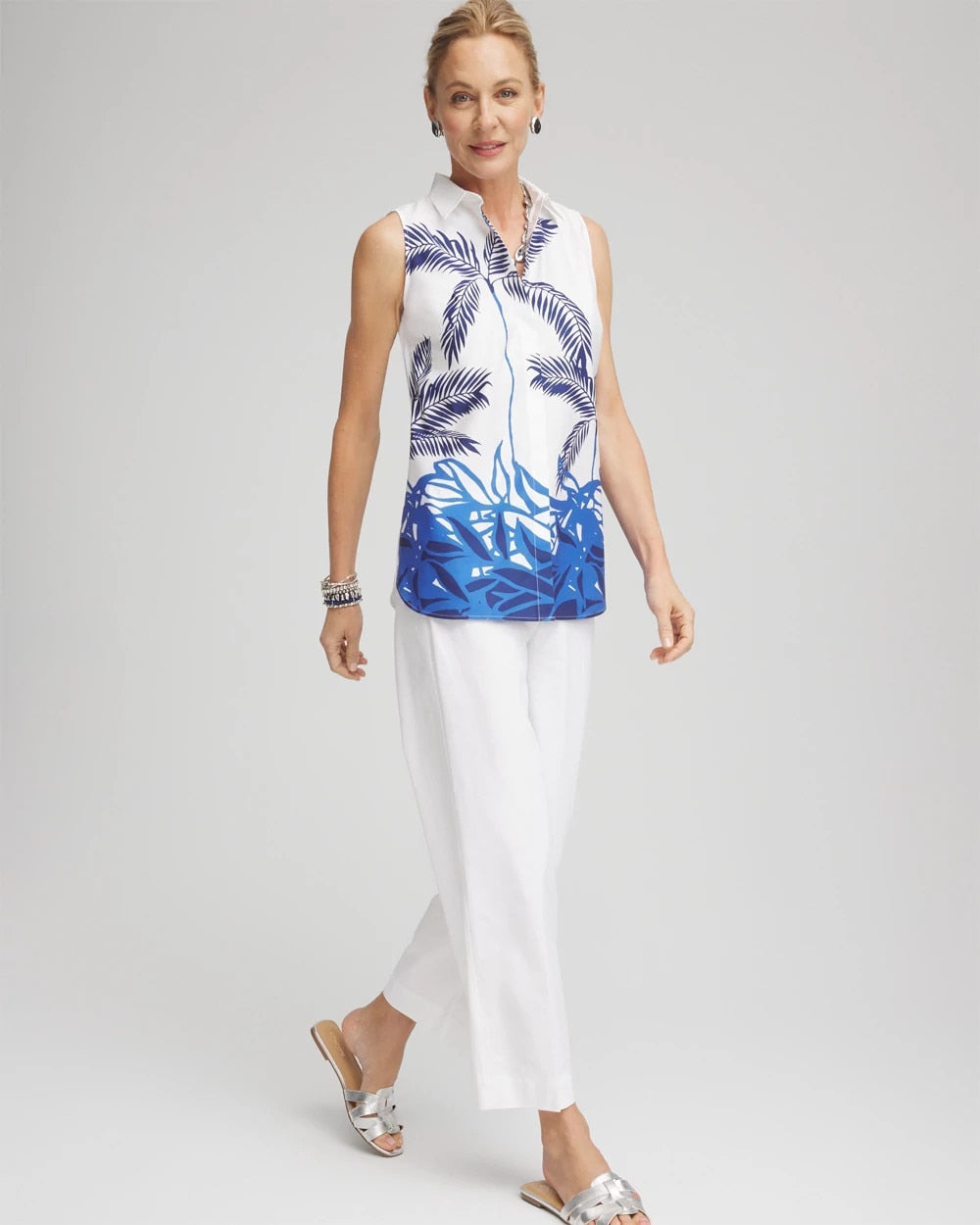 Chico's | No Iron™ Palms Sleeveless Sateen Shirt/ Blue Casa