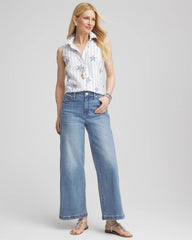 Chico's | No Iron™ Starfish Striped Sleeveless Sateen Shirt/ Optic White
