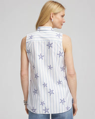 Chico's | No Iron™ Starfish Striped Sleeveless Sateen Shirt/ Optic White