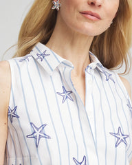 Chico's | No Iron™ Starfish Striped Sleeveless Sateen Shirt/ Optic White
