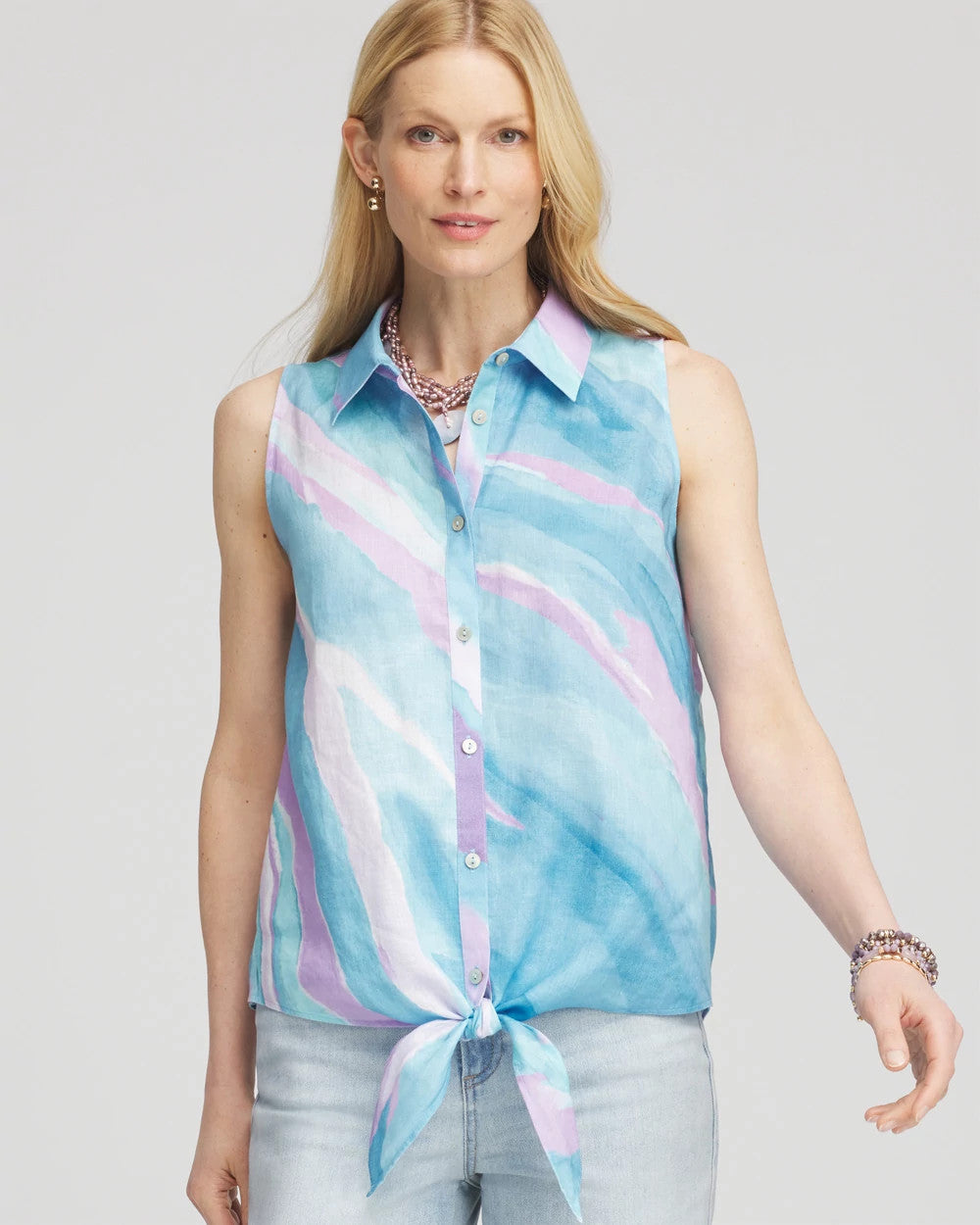 Chico's | No Iron™ Linen Tie-Front Sleeveless Shirt/ Paradiso Blue