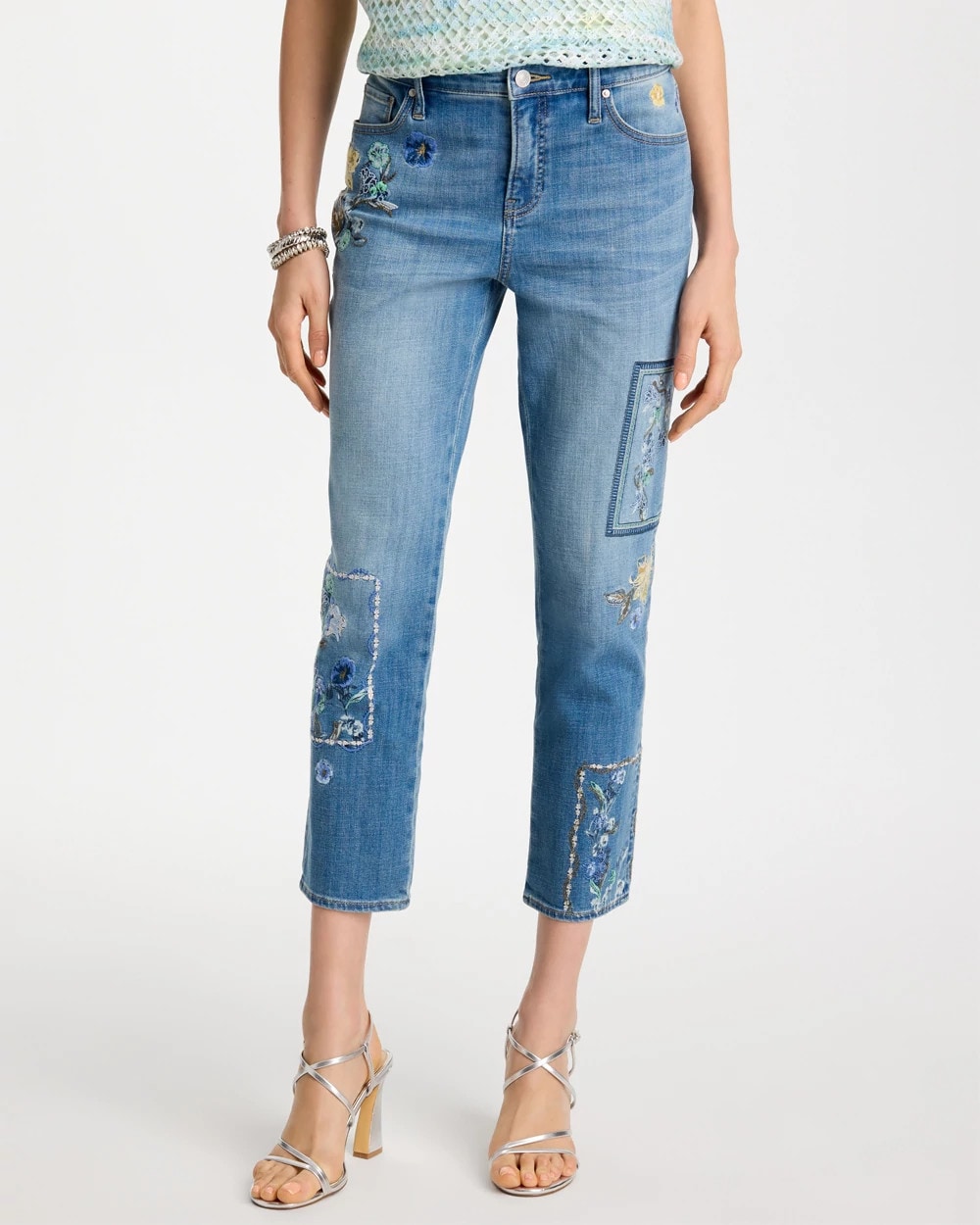 Chico's | Floral Patchwork Girlfriend Crop Jeans/ Aquamarine Indigo