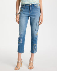Chico's | Floral Patchwork Girlfriend Crop Jeans/ Aquamarine Indigo