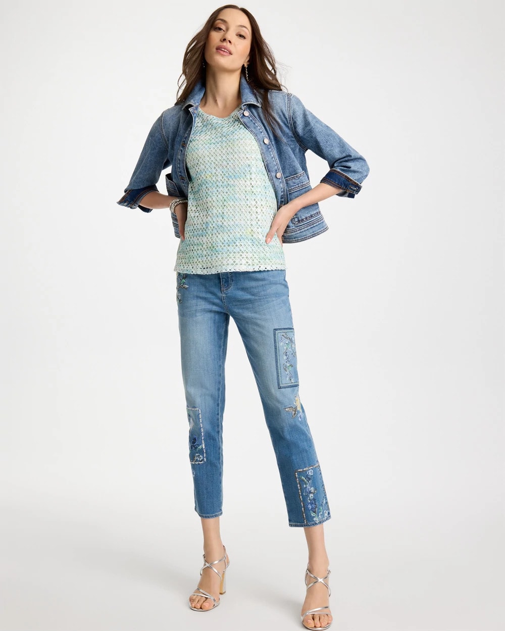 Chico's | Floral Patchwork Girlfriend Crop Jeans/ Aquamarine Indigo