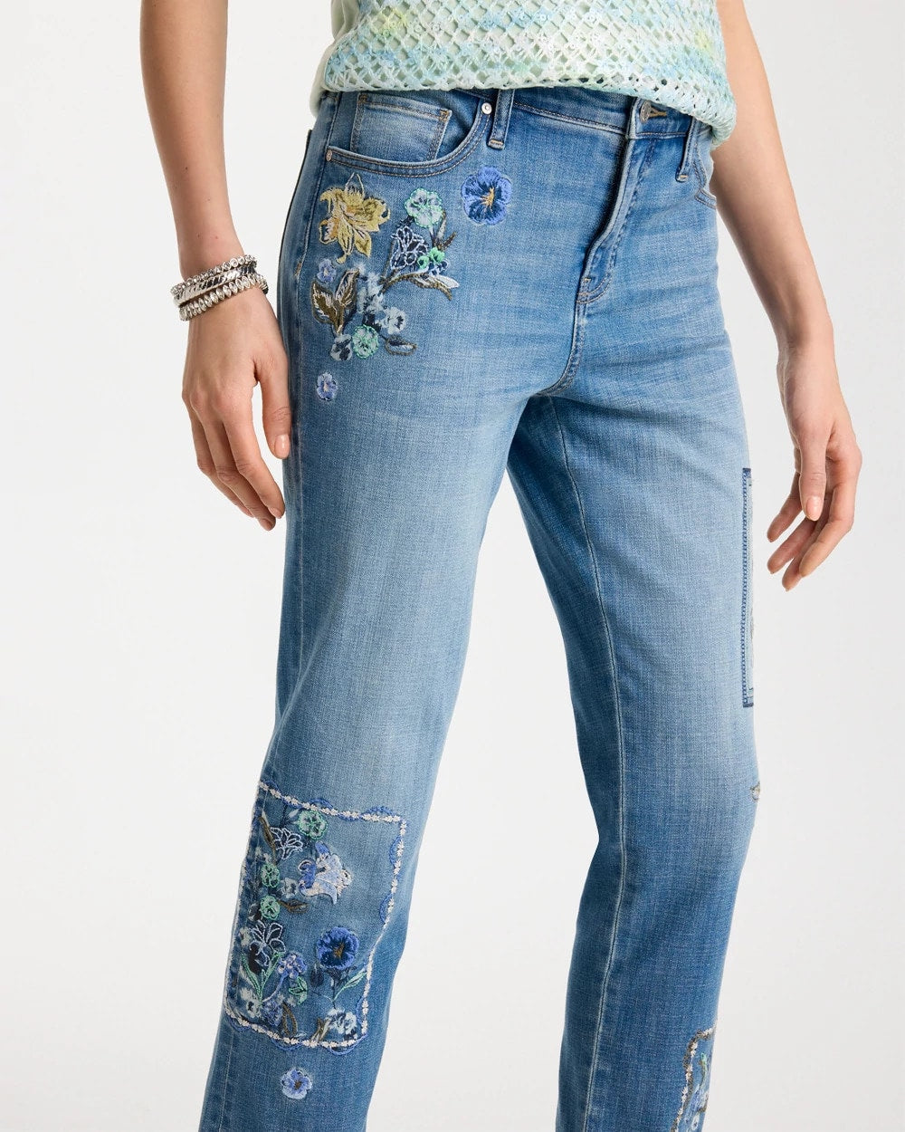 Chico's | Floral Patchwork Girlfriend Crop Jeans/ Aquamarine Indigo