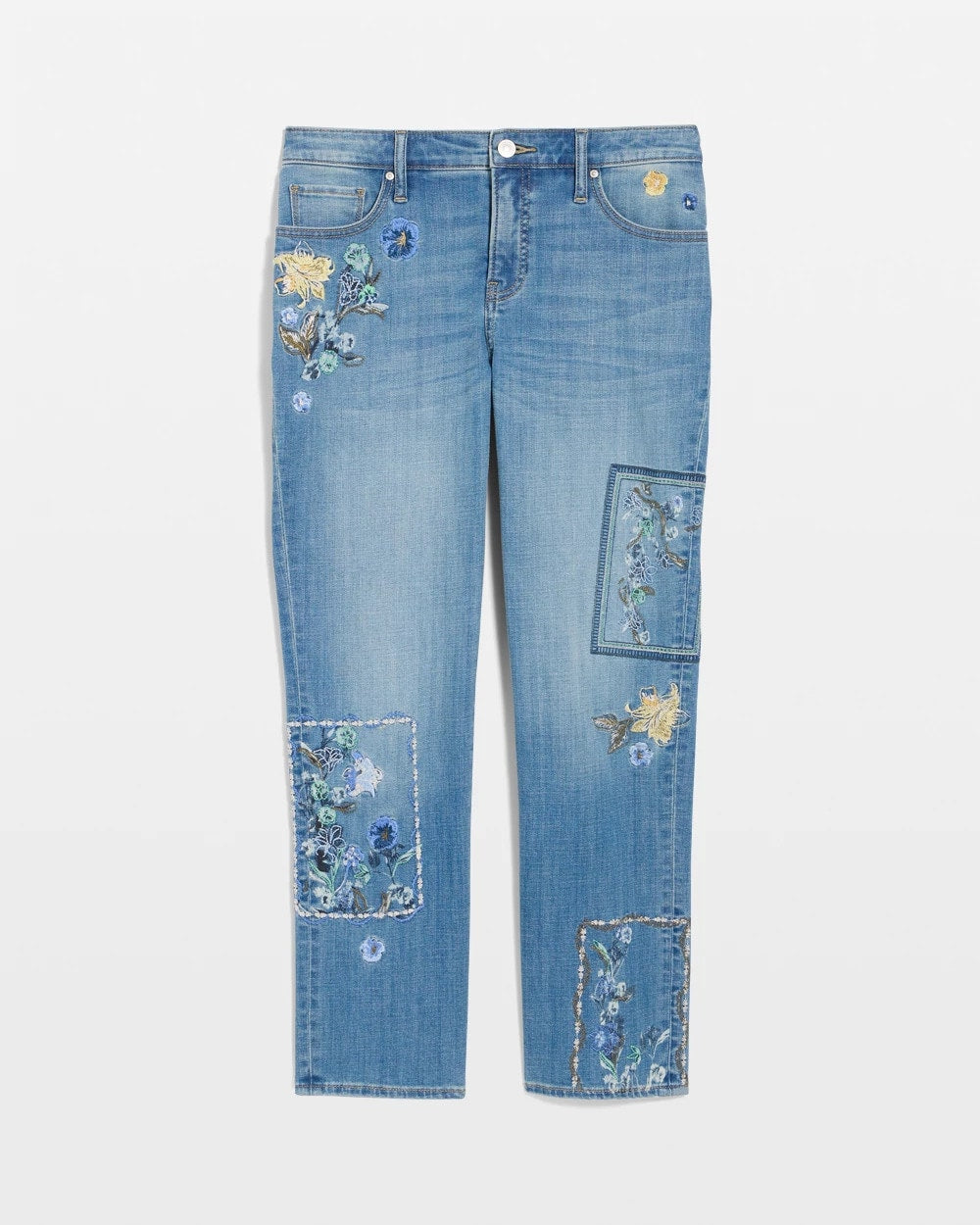Chico's | Floral Patchwork Girlfriend Crop Jeans/ Aquamarine Indigo