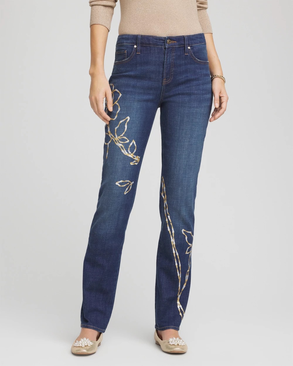 Chico's | Sequins Rose Girlfriend Slim-Leg Jeans/ Sequoia Indigo
