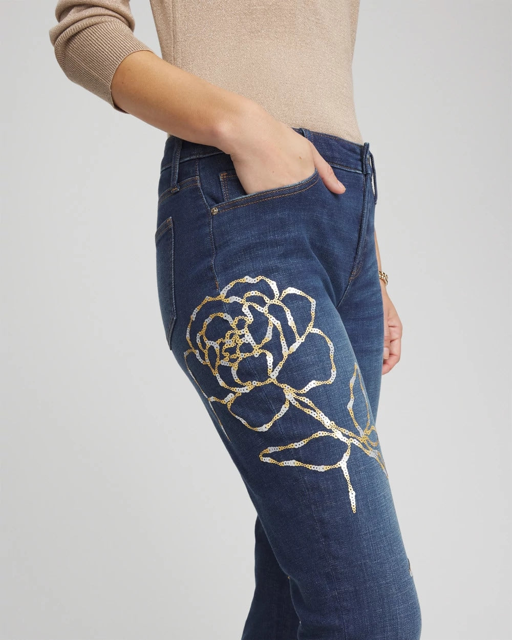 Chico's | Sequins Rose Girlfriend Slim-Leg Jeans/ Sequoia Indigo