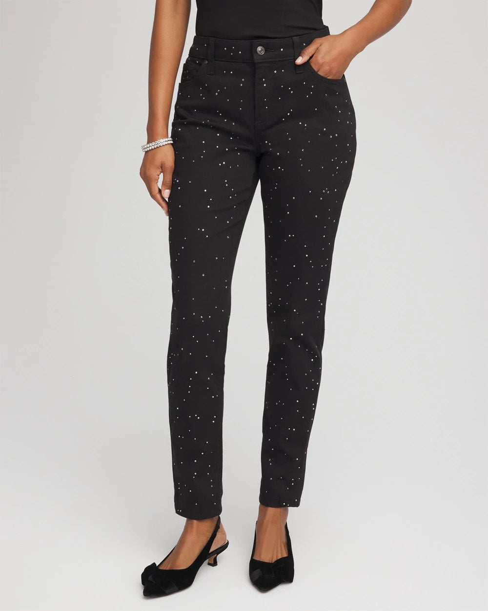 Chico's | Stone Embellished Girlfriend Slim Ankle Jeans/ Black