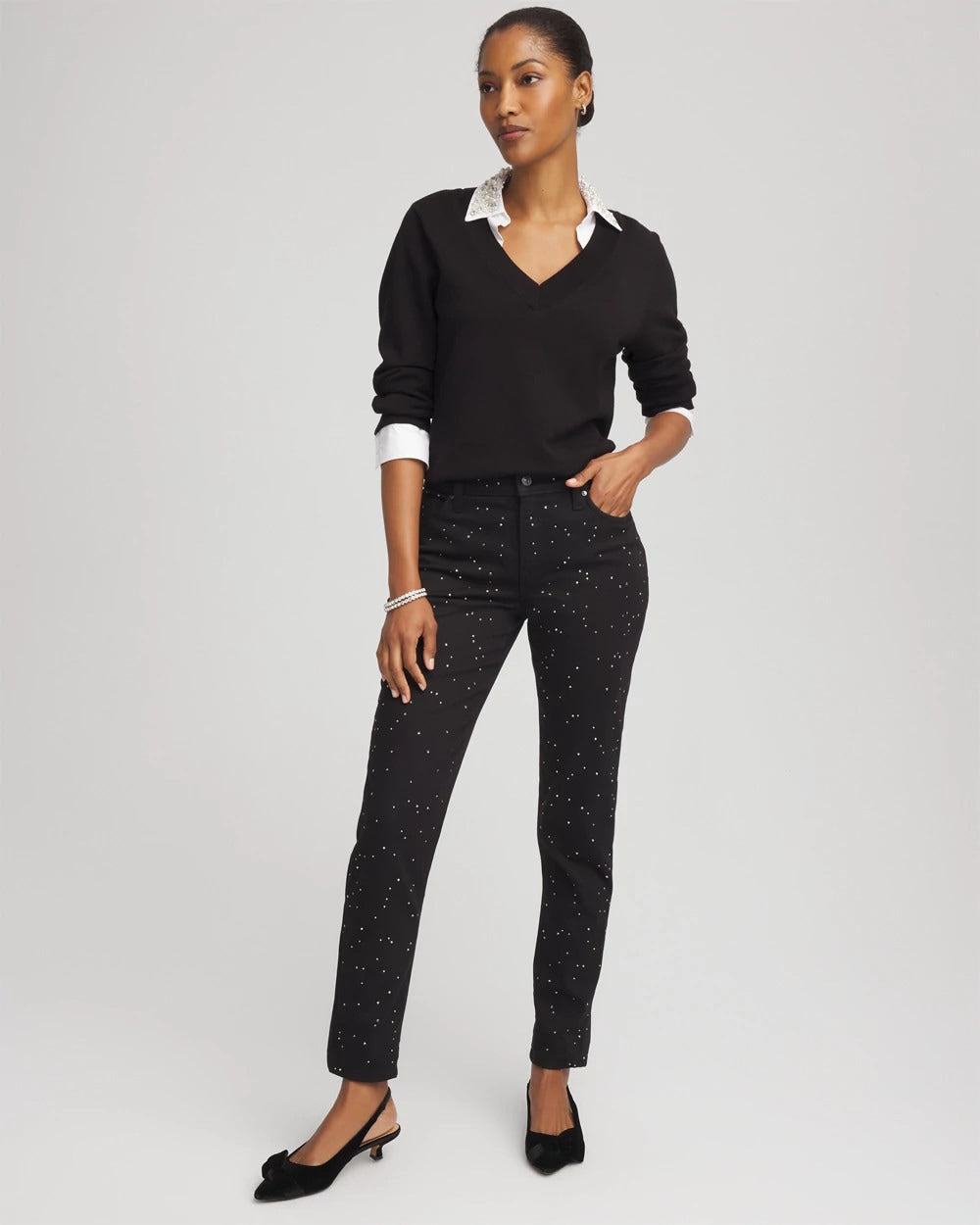 Chico's | Stone Embellished Girlfriend Slim Ankle Jeans/ Black