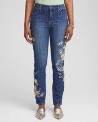 Chico's | Appliqué Girlfriend Slim Ankle Jeans/ Dragon Road Indigo