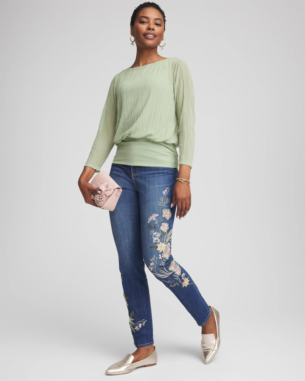 Chico's | Appliqué Girlfriend Slim Ankle Jeans/ Dragon Road Indigo