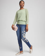 Chico's | Appliqué Girlfriend Slim Ankle Jeans/ Dragon Road Indigo