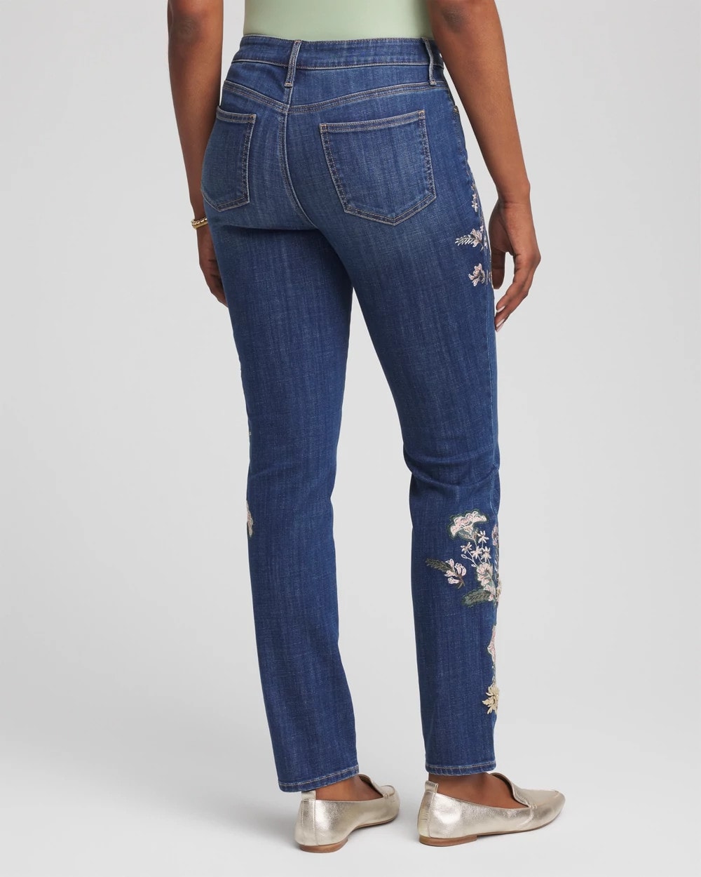 Chico's | Appliqué Girlfriend Slim Ankle Jeans/ Dragon Road Indigo