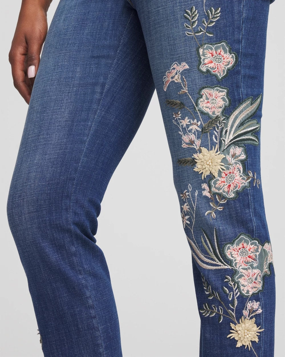 Chico's | Appliqué Girlfriend Slim Ankle Jeans/ Dragon Road Indigo