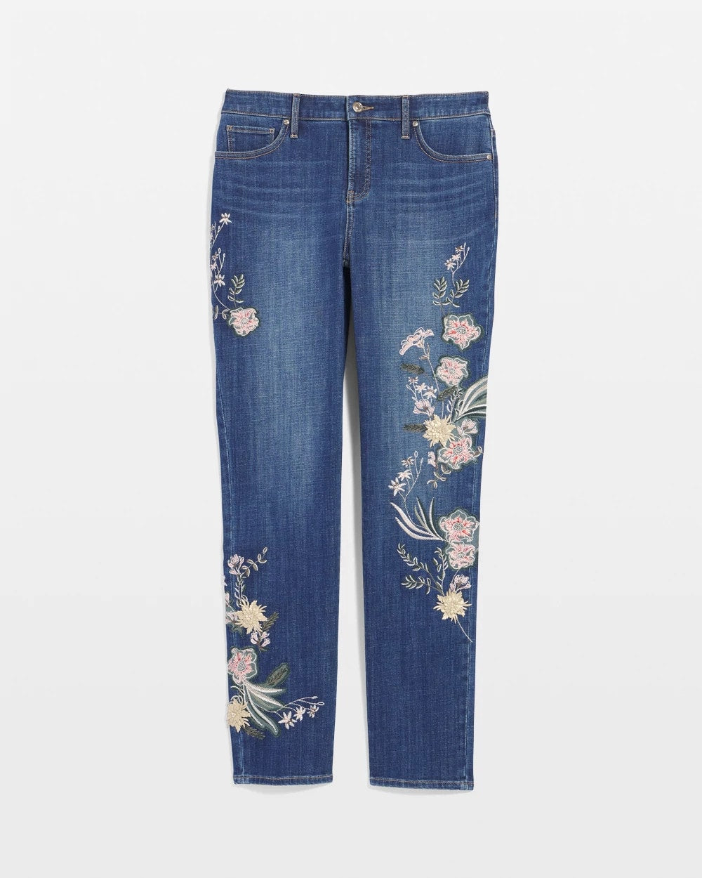 Chico's | Appliqué Girlfriend Slim Ankle Jeans/ Dragon Road Indigo