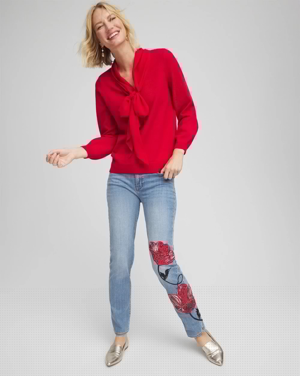 Chico's | Placed Floral Girlfriend Slim Ankle Jeans/ Poppy Indigo