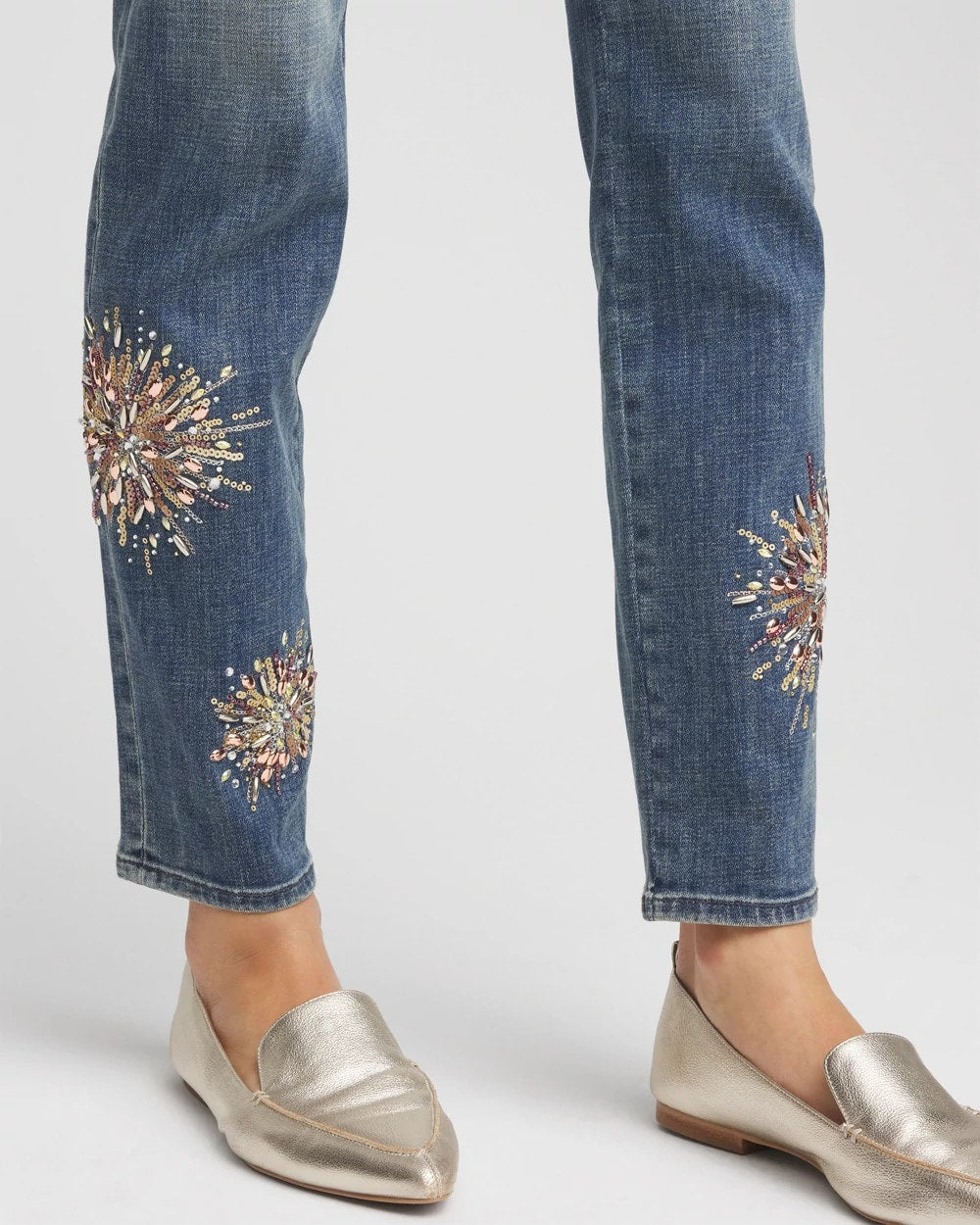 Chico's | Embellished Starbursts Girlfriend Slim Ankle Jeans/ Brilliant Blue Indigo