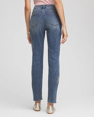 Chico's | Embellished Starbursts Girlfriend Slim Ankle Jeans/ Brilliant Blue Indigo