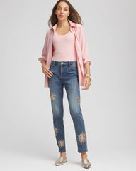 Chico's | Embellished Starbursts Girlfriend Slim Ankle Jeans/ Brilliant Blue Indigo