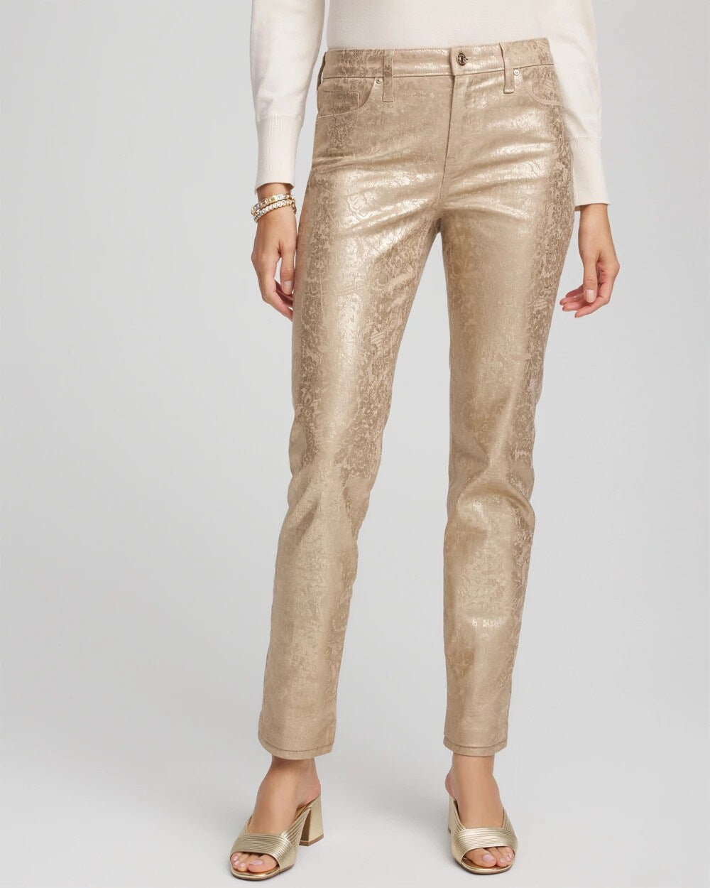 Chico's | Girlfriend Slim Ankle Foiled Lace Jeans/ Champagne Fizz