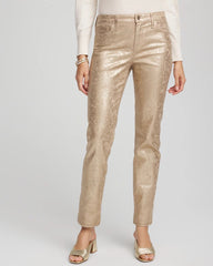 Chico's | Girlfriend Slim Ankle Foiled Lace Jeans/ Champagne Fizz